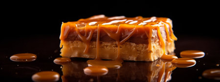 Generative AI : Chocolate caramel slices bars millionaires shortbread on a grey plate Blue background Close upの素材