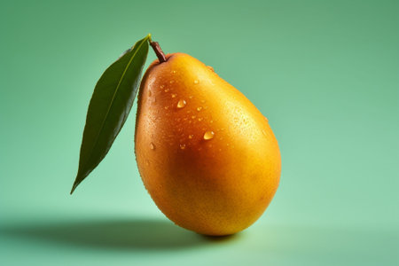Generative AI : Fresh mango organic product on a palm leaf Blue background Top view Copy spaceの素材