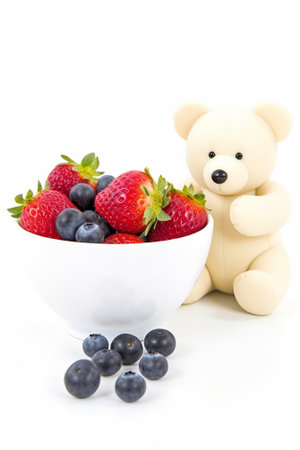 Generative AI : Fresh berries blueberry strawberry raspberry in a white ceramic bowl Isolated on whiteの素材