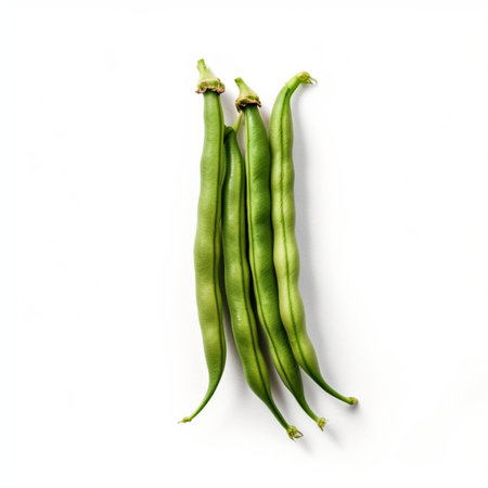 Generative AI : Green beans on blue and white background Top view Close upの素材