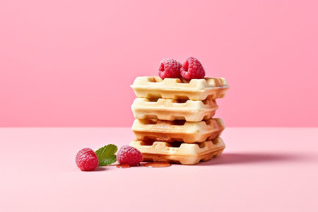Generative AI : Fresh waffles with cup of coffee and raspberry Grey background Top viewの素材