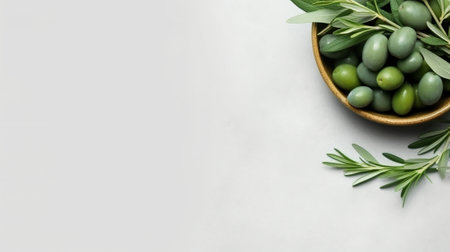 Generative AI : Fresh herbs in stone bowl with olive oil and spices Grey background Top viewの素材