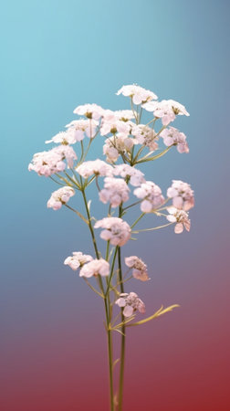 Generative AI : Gypsophila baby breath flowers in glass vase on blue background Close upの素材