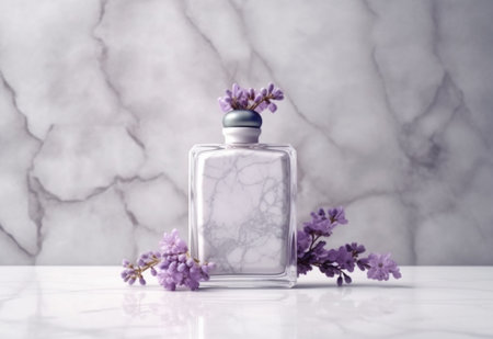 Generative AI : Lilac flowers sugar and syrup essential oil with flower blossoms in glass jar Grey stone backgroundの素材