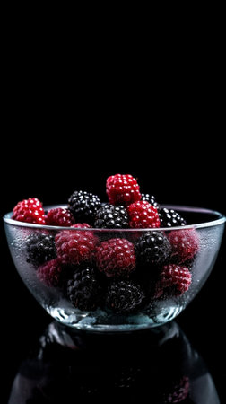 Generative AI : Fresh raspberries on a black bowl Slate backgroundの素材