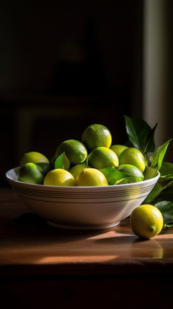 Generative AI : Fresh limes and rosemary springs in white enamel colanderの素材