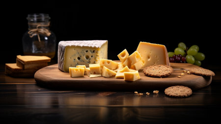 Generative AI : Hard cheese Manchego with nuts honey and crackers on grey background Close upの素材