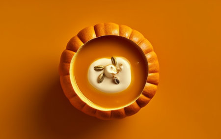 Generative AI : Kids hands holding a bowl with pumpkin soup Marble background Top viewの素材