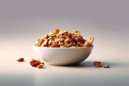 Generative AI : Healthy breakfast Fresh granola muesli with pumpkinpecan nutscranberries and maple syrup in white bowl Copy space Top viewの素材