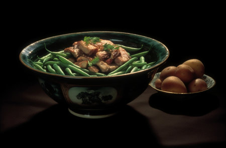 Generative AI : Mashed potatoes with beef meat and green peas in bowl Dark background Top viewの素材