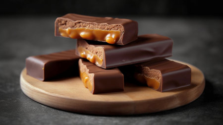 Generative AI : Fresh caramel fudge candies on a plate Wooden background Copy spaceの素材