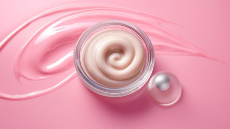 Generative AI : Pearl make up powder on pink pastel background Top view Copy spaceの素材