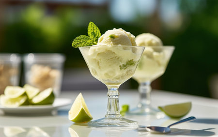 Generative AI : Mintl lime and fresh cucumber granita in glasses with fresh mint leaves and cucumber slices on a metal tray with ice cubesの素材