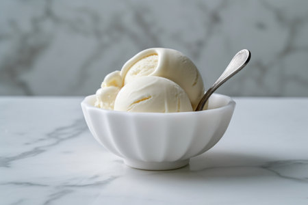 Generative AI : Homemade vanilla caramel ice cream in vintage bowl Organic product on a grey stone backgroundの素材