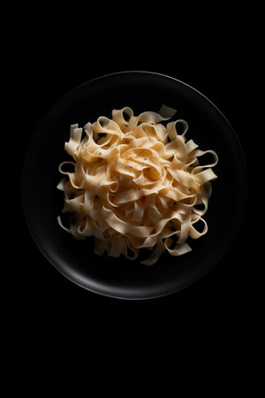 Generative AI : Pasta pappardelle with beef ragout sauce in black bowl Grey background Close up Top viewの素材