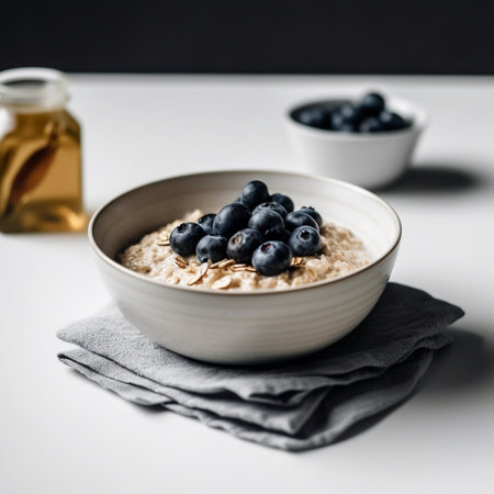 Generative AI : Oatmeal porridge with strawberry jam in white bowl Grey background Close upの素材