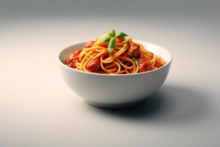 Generative AI : Pasta spaghetti with tomato sauce and fresh basil in a bowl Grey background Close upの素材