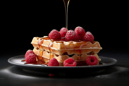 Generative AI : Breakfast Belgian waffles with maple syrup and fresh raspberry Grey backgroundの素材