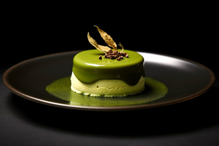 Generative AI : Pistachio and condensed milk panna cotta dessert on a stone plateの素材