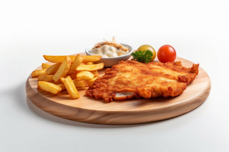 Generative AI : Meat pie with french fries on a white plate Wooden background Close upの素材