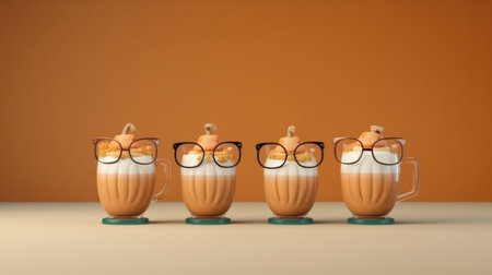 Generative AI : Pumpkin latte with whipped cream in glass cups Grey background Close upの素材