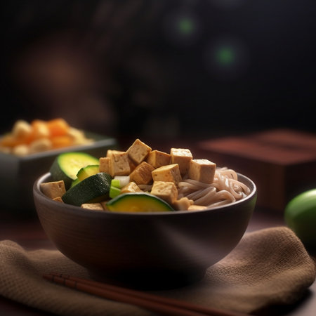 Generative AI : Soba noodles with vegetables and fried tofu in a bowl Grey background Copy space Top viewの素材