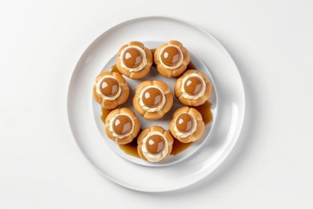 Generative AI : Profiteroles choux with a custard cream creme anglaise whipped cream dessert on a white plate Copy space Top viewの素材