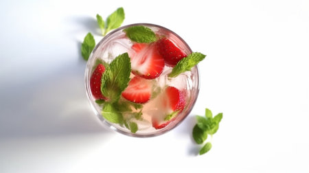 Generative AI : Strawberry and basil homemade liquor on a white background with green leaves and flowersの素材