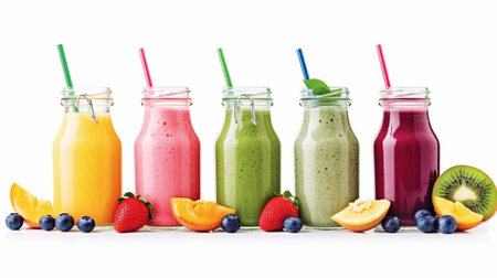 Generative AI : Smoothies juices beverages drinks variety with fresh fruits and berries on a white wooden background Copy spaceの素材