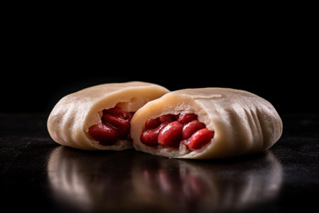 Generative AI : Mochi cake with red beans on wooden plate with bamboo leaves Traditional Japanese dessertの素材