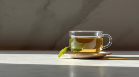 Generative AI : Tea cup with mint leaf and lemon Close upの素材