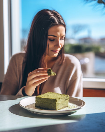 Generative AI : Matcha green tea brownie dessert with white chocolate on a white plate Grey stone backgroundの素材