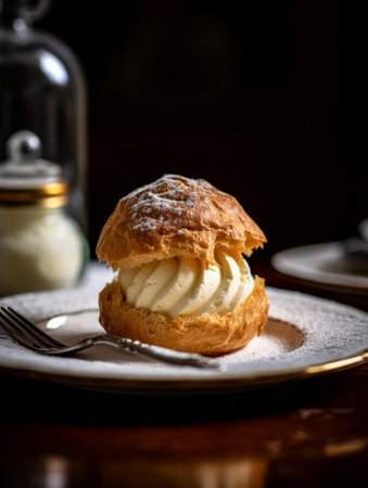 Generative AI : Profiteroles choux with a custard cream creme anglaise whipped cream dessert on a white plate Copy spaceの素材