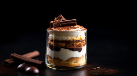 Generative AI : Tiramisu dessert with cup of coffee Dark grey background Top viewの素材