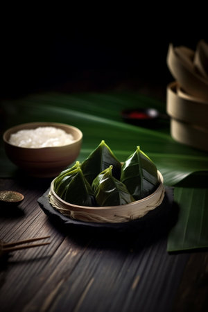 Generative AI : Traditional asian rice cake on a wooden backgroundの素材