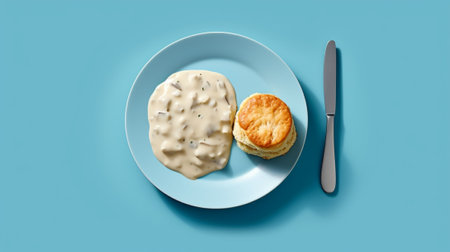 Generative AI : Scone with jam and butter on plate Blue backgroundの素材