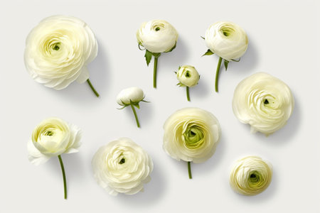 Generative AI : White floating ranunculus flowers Spa wellness background Copy space Top viewの素材