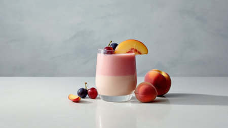 Generative AI : Strawberry pink grapefruit smoothie with acai powder on a grey stone background Copy spaceの素材