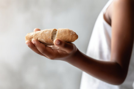 Generative AI : Wrap sandwich in kids hands Grey stone background Top view Copy spaceの素材