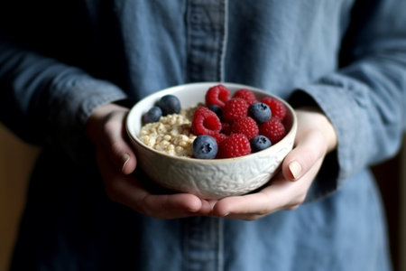 Generative AI : Womans hands holding healthy breakfast bowl Yogurt granola muesli fresh berriesの素材