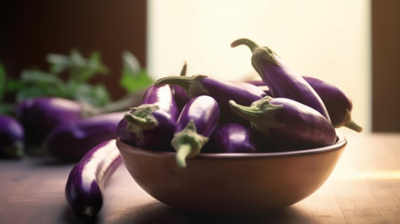 Generative AI : Grilled eggplants in a vintage metal bowl with salad leaves on a wooden backgroundの素材