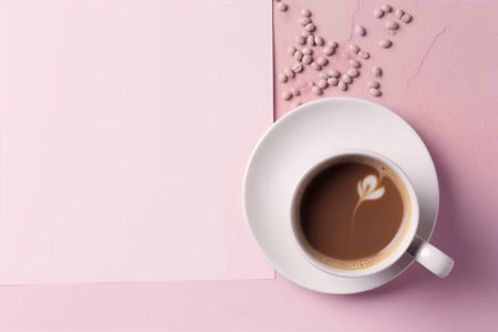 Generative AI : Coffee with donut on pink paper background Top view Copy spaceの素材