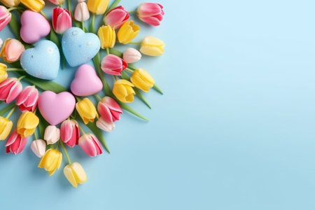 Generative AI : Colorful Easter eggs with flowers on blue background Top view Copy spaceの素材