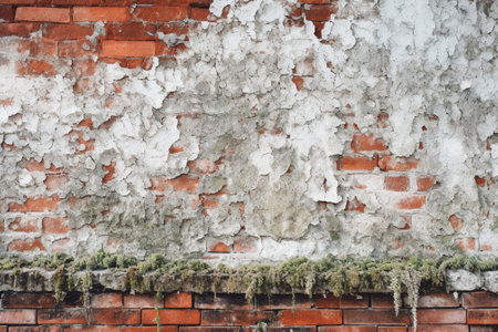 Generative AI : grunge background white plaster wall and ruined cement on red brick wall textureの素材