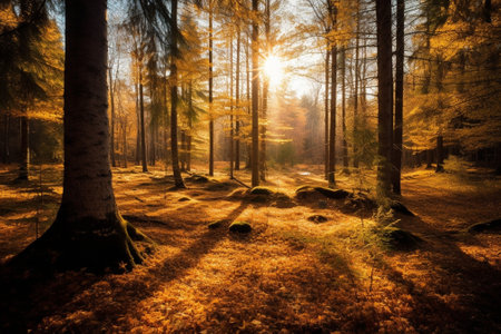 Generative AI : Yellow autumn forest at sunsetの素材