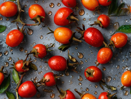 Generative AI : Rosehip berries on the twigs natural autumn seasonal dark grunge backgroundの素材