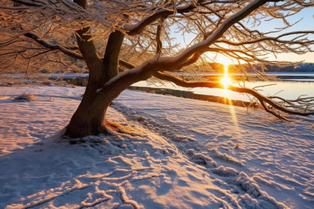 Generative AI : winter sunset landscape snow garden tree viewの素材
