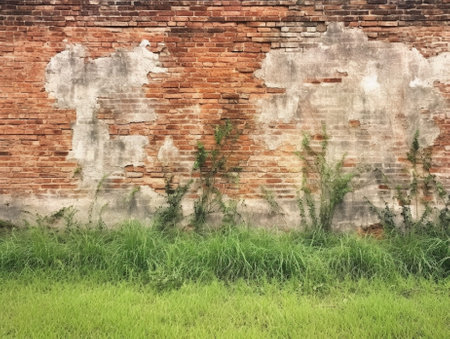 Generative AI : red brick wall texture grunge background and fresh green grass background may use to exterior designの素材