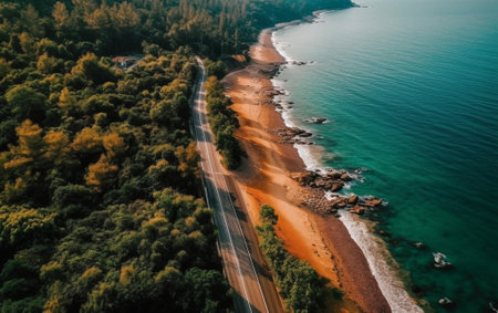 Generative AI : Halkidiki Sitonia from Above Greece Summer travel vacation background Landscape with the sea road and forest Flat layの素材