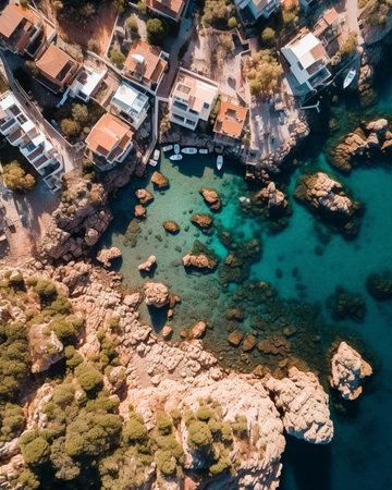 Generative AI : Aerial top view of village Petrcane Croatia Touristic background with blue sea coastline and red roofs Zadar Riviera Dalmaciaの素材
